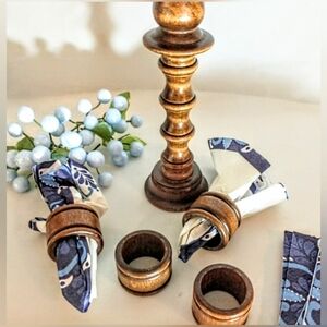 Mid Century Carved Wooden Spindle Candle Holders Covered by Napkin Rings